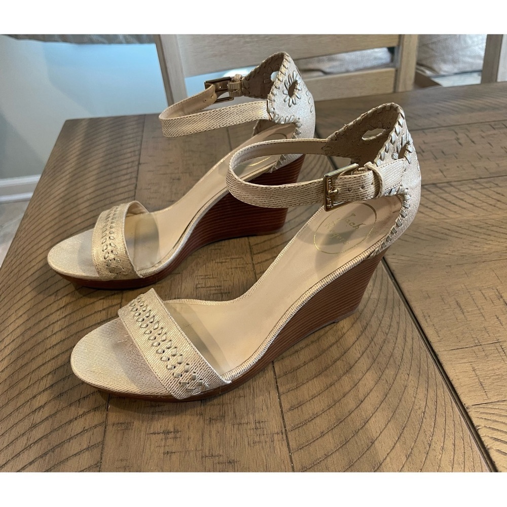 Jack Rogers Cream and Silver Open Toe Wooden Wedges with Ankle Strap - Picture 3 of 10